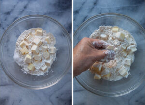 Left image is cubed cut-up butter in a bowl of flour and water. Right image is a hand smashing the cubed butter into flat pieces.