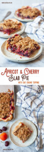 Top image is three slices of apricot cherry slab pie with crumb topping. Bottom image is a slice of apricot cherry slab pie with crumb topping on a plate, with the remaining pie and fresh cherries and an apricot next to the plate.