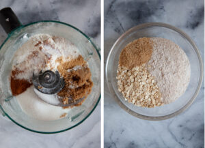Left image is crumb topping ingredients in a food processor. Right image is processed ingredients along with a few more ingredients to make the crumb topping.