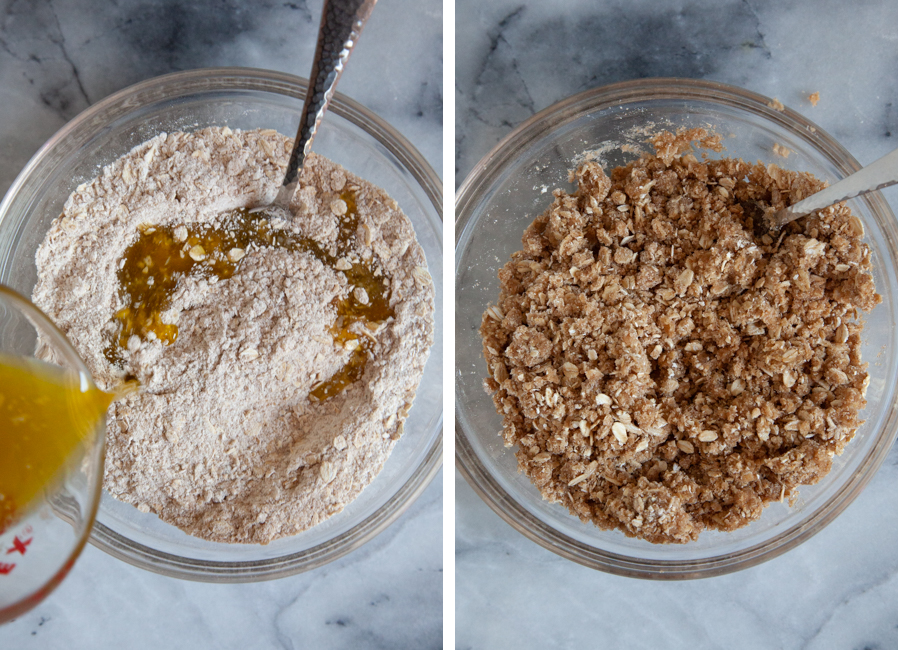 Left image is melted butter being poured into ingredients to make a crumb topping. Right image is the crumb topping, after being tossed with the melted butter and clumping up.