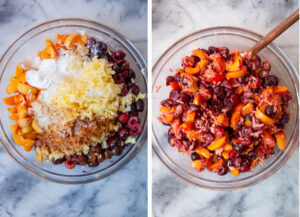 Left image is all the pie filling ingredients in a glass bowl. Right image is all the ingredients tossed together.