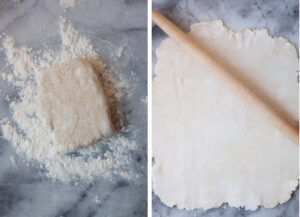 Left image is half the dough on a floured marble surface. Right image is the dough rolled out into a 9 x 13 inch sheet, with a rolling pin on top of it.