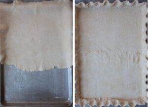 Left image is half the pie crust rolled out and placed in a half sheet pan. Right image is the second pie crust rolled out and placed in the pan, covering the entire bottom and sides of the half sheet pan with pie crust.