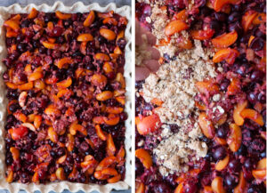 Left image is fruit filling in the unbaked pie crust. Right image is a hand sprinkling crumb topping over the fruit filling.